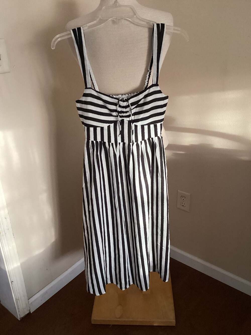 Steve Madden Black and White Striped Midi Dress with Front Tie